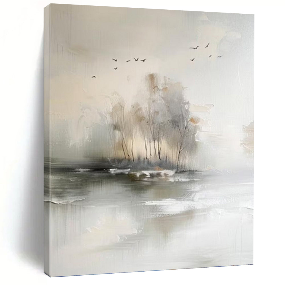 “Serene Misty Landscape” - Soft Gray, Beige & White Abstract Nature Painting On Canvas DKH1190