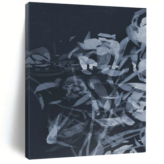 “Indigo Floral Abstraction” - Dark Blue, Light Blue Floral Painting On Canvas DTP240