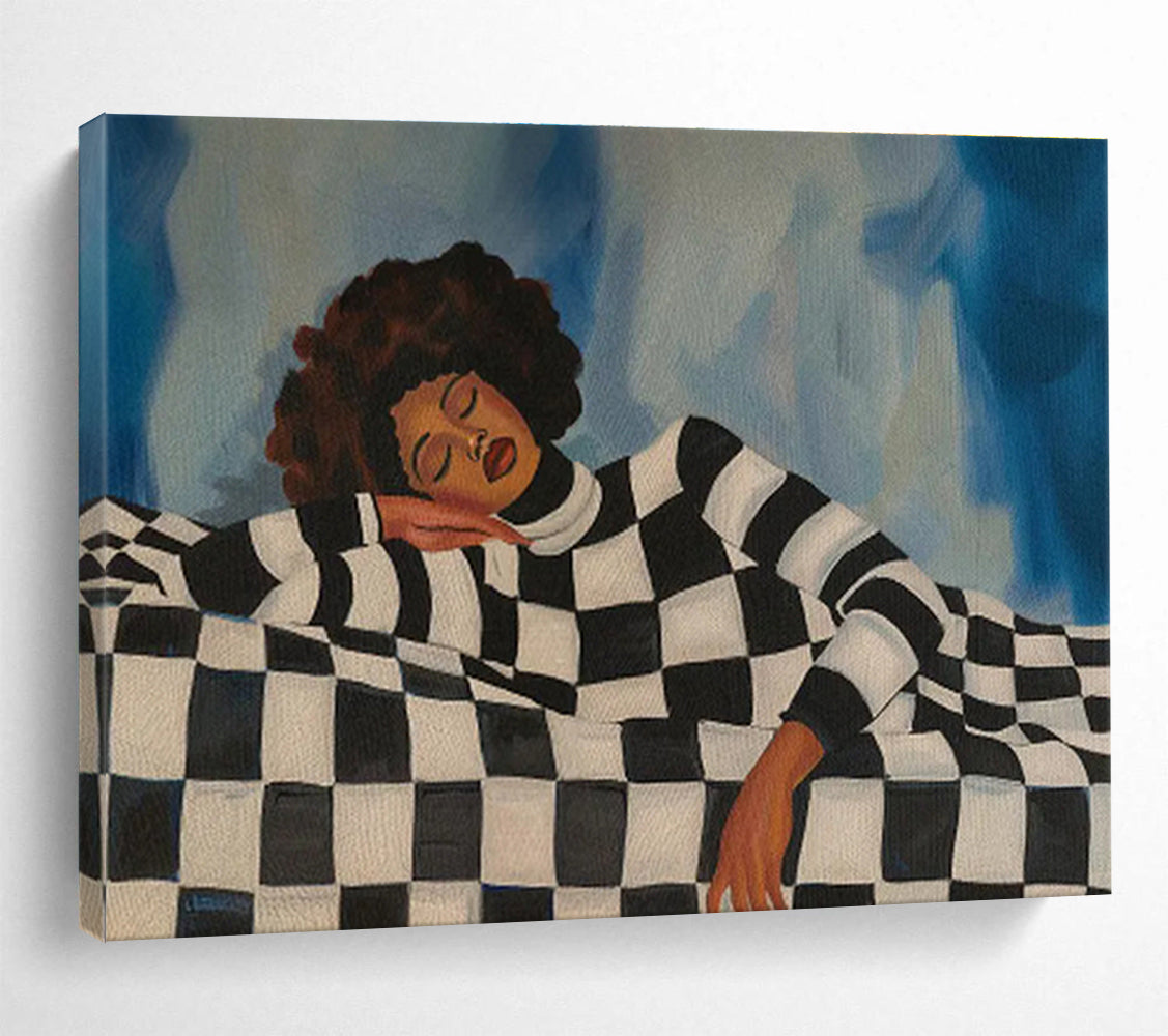 Woman on Checkered Couch Serene Portrait Painting On Canvas DKH225
