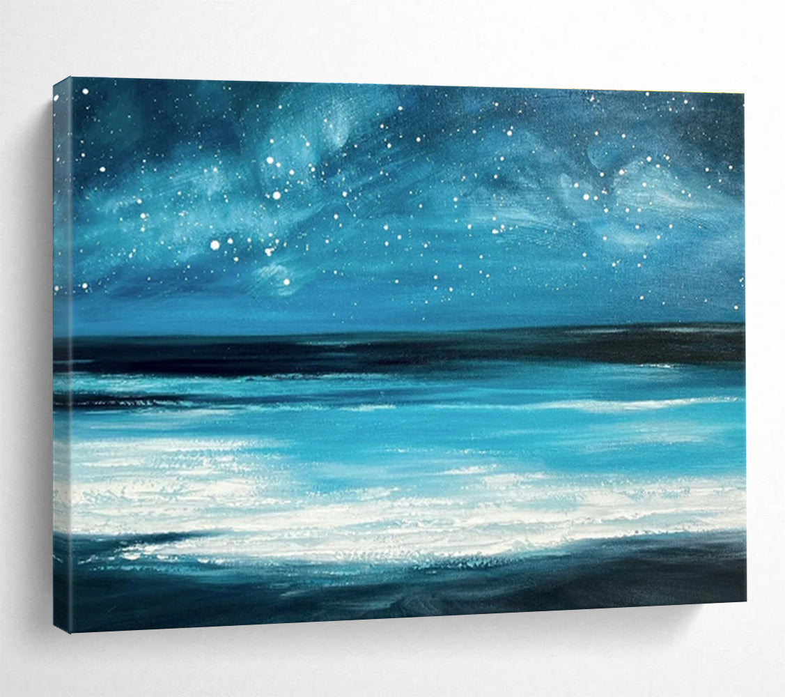 Vibrant Blue Galaxy and Ocean “Celestial Coastal Dream” Painting On Canvas DKH104
