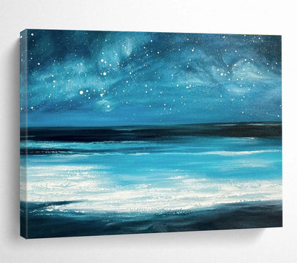 Vibrant Blue Galaxy and Ocean “Celestial Coastal Dream” Painting On Canvas DKH104