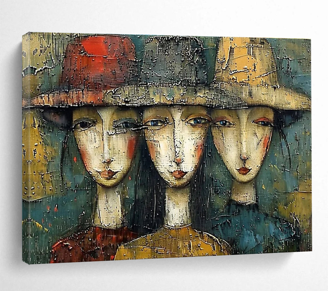 “Textured Trio of Faces” - Earthy Multicolor Portrait Painting On Canvas DKH763