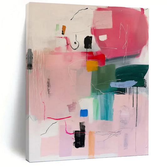 “Pink - Dominant Abstract Composition” - Pink, Green, Blue & Yellow Modernist Painting On Canvas DKH0998