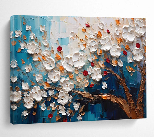 Textured White Flower Tree - White, Orange, Red & Blue Floral Painting On Canvas DKH888