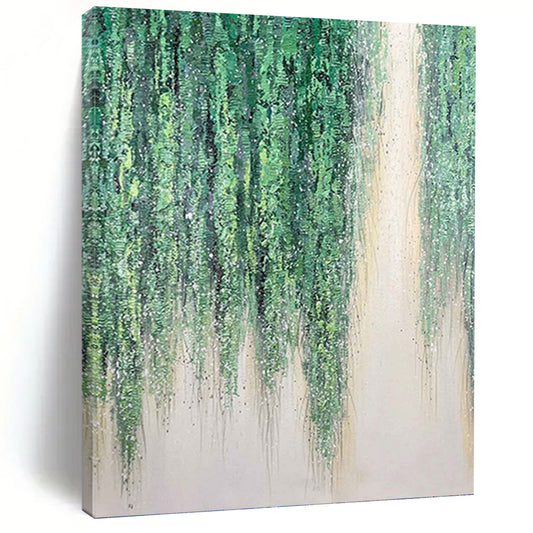 “Willow Whispers” - Green & White Hanging Foliage Painting On Canvas DKH1506