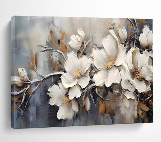 “Elegant Magnolias” - White, Gray, Gold Textured Floral Impasto Painting On Canvas DKH707