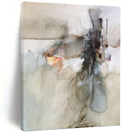“Abstract Line & Color Fusion” - Gray, Blue & Orange Watercolor - Style Painting On Canvas DKH0950
