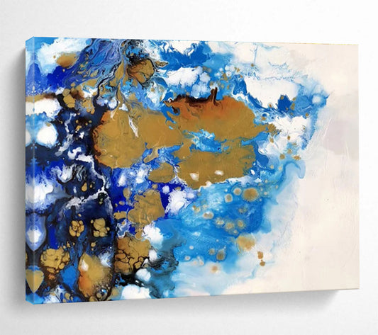 “Blue, Gold, and White Fluid Abstract” Painting On Canvas DKH167