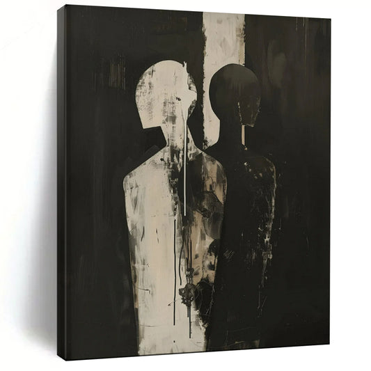 “Black and White Abstract Figures” – Expressionistic Oil Painting On Canvas CT2171