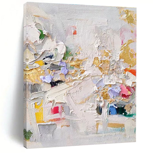 White - based with Colorful Thick Strokes & Gold Accents, “Glistening Mosaic” - Textured Abstract Oil Painting CT0723