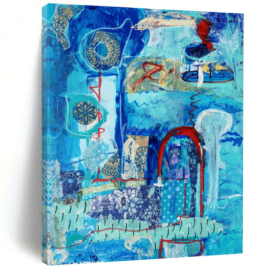 “Blue - Themed Abstract Collage” - Blue, Red, Gold Intricate Forms Painting On Canvas DTP296