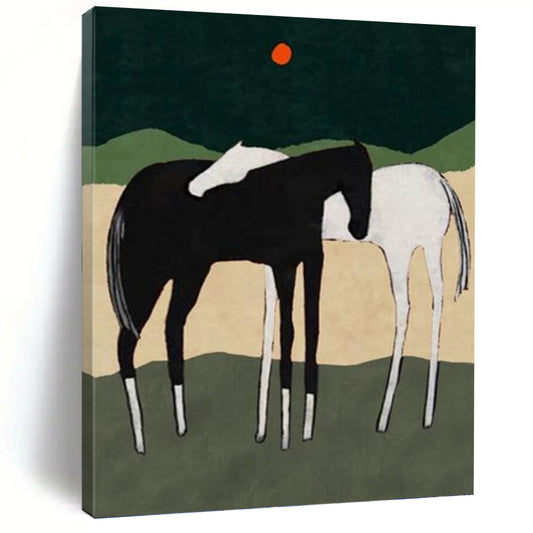 Horses in Landscape with Red Sun - Equine Landscape Painting On Canvas DKH1412
