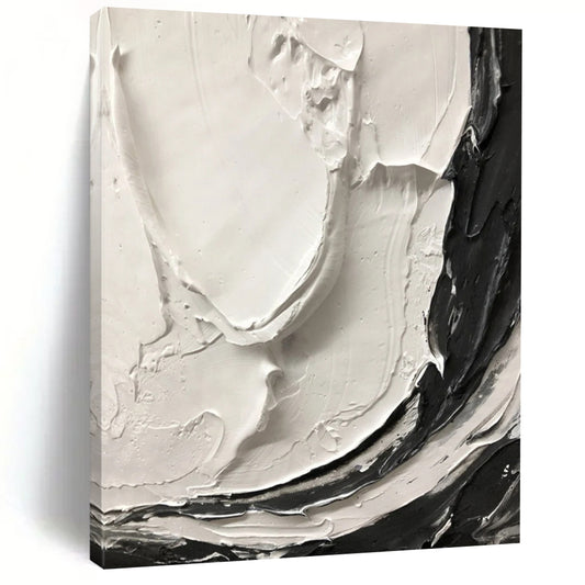 “White, Black Textured Swirls ‘Tactile Harmony’” - Impasto Abstract Painting On Canvas DTP387