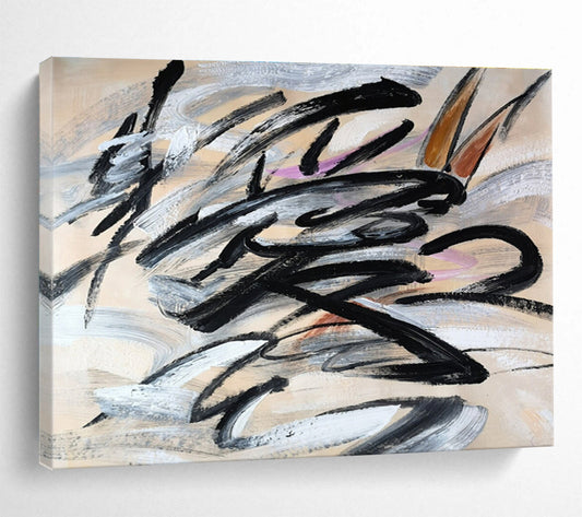 Dynamic Black and Gray Brushstroke Painting On Canvas DKH289