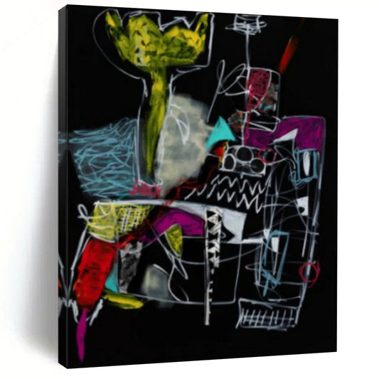 “Dark Abstract Sketch” - Neon, White, Black Expressive Drawing Painting On Canvas DTP294