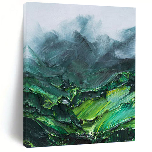 “Green Mountain Impasto” - Green, Teal & Gray Textured Landscape Painting On Canvas DKH0944