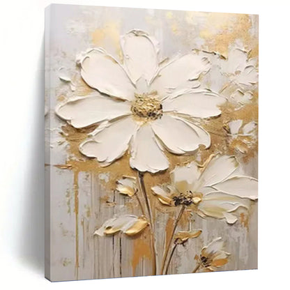 White and Gold Floral Simplicity - Impasto Flower Painting On Canvas DKH1395