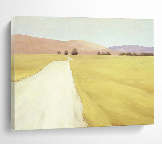 “Golden Path to Distant Hills” - Yellow, Beige, Purple Realistic Landscape Painting On Canvas DKH742