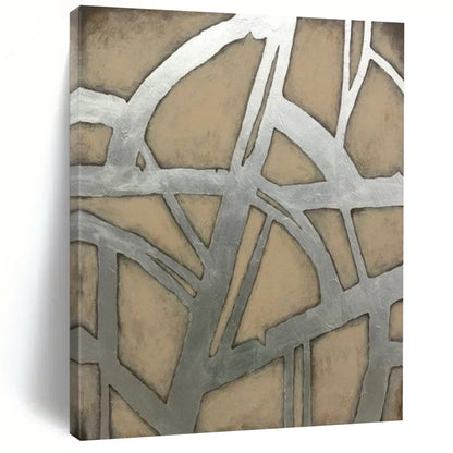 “Silver & Beige Geometric Web” - Abstract Painting On Canvas CT2328