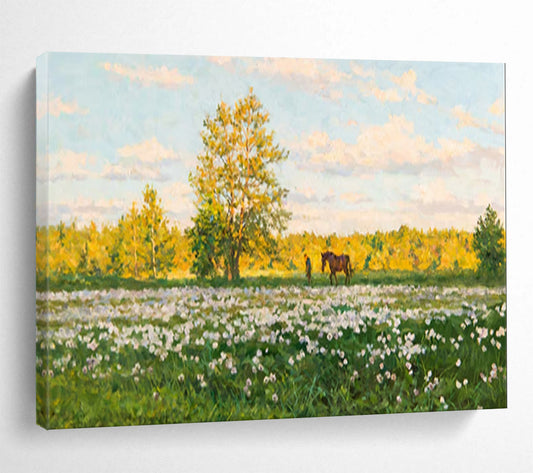 Meadow with Horse and Figure - Realist Landscape Painting On Canvas DLZ216