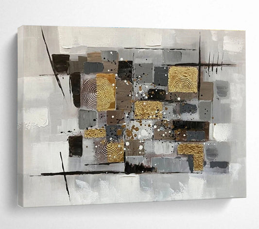 “Neutral Tones & Gold Geometric Collage” Abstract Mixed - Media Painting On Canvas DKH353
