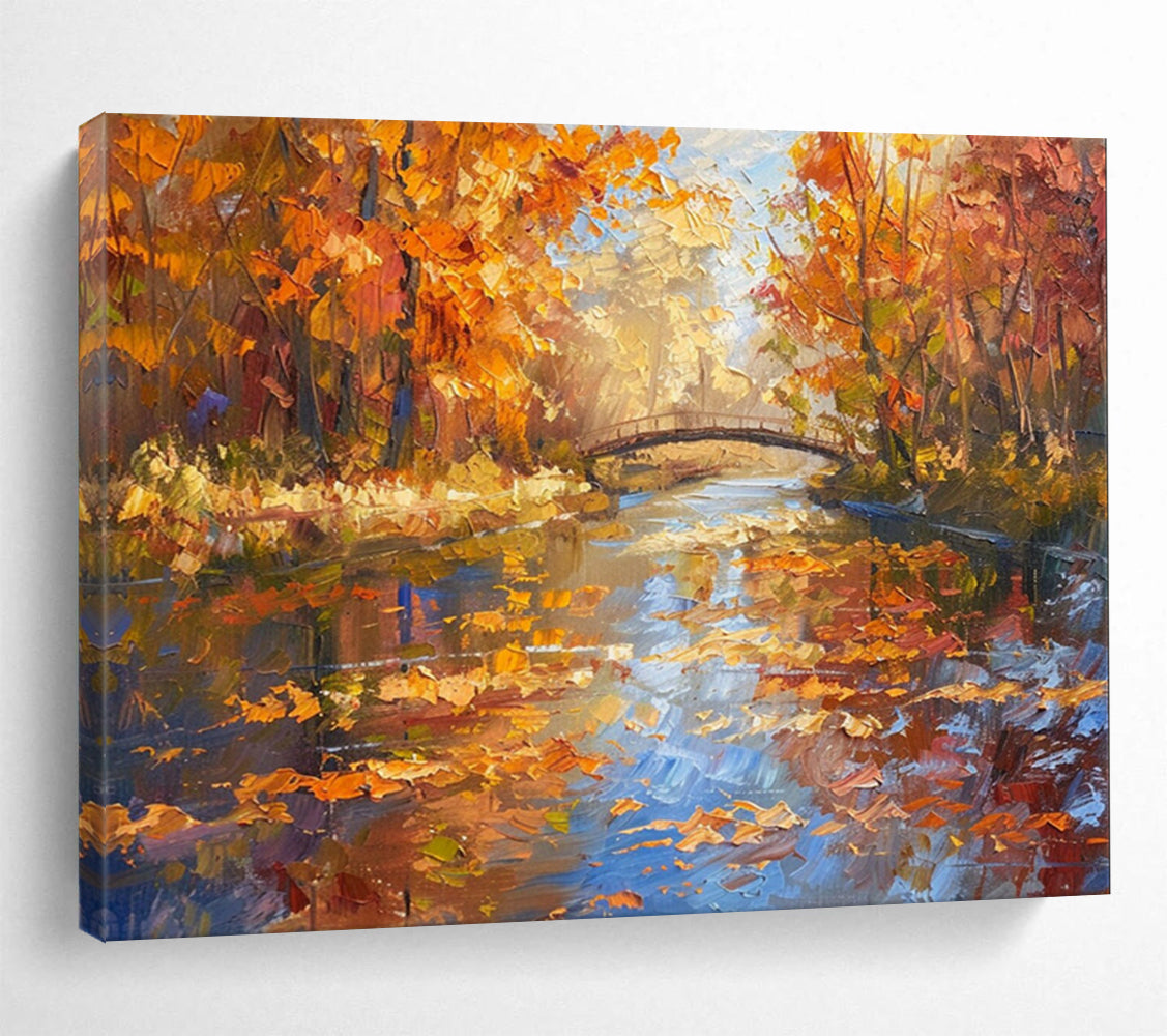 Autumn River with Bridge - Realist Landscape Painting On Canvas DLZ196
