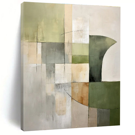 Earthy Greens, Browns & Greys, Geometric Collage - "Nature’s Grid" - Abstract Mixed - media Painting CT1440
