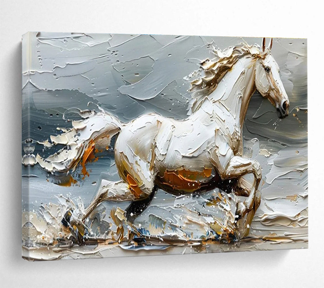 “Galloping White Horse” - Textured Equine Painting On Canvas DKH812