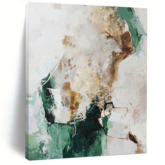 “Green, Gold & White Abstract” - Green, Gold & White Modernist Painting On Canvas DKH1008