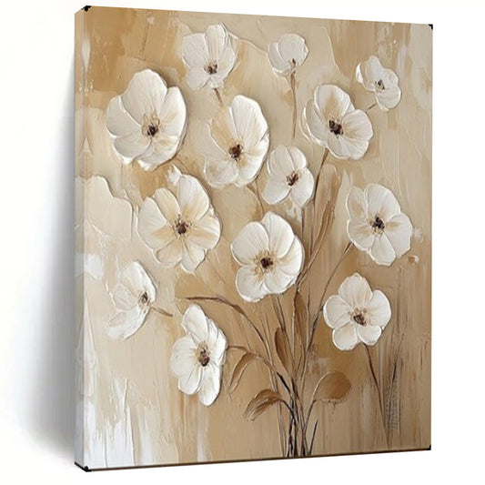 “Textured White Flowers on Beige” – Impasto Floral Oil Painting On Canvas CT2155