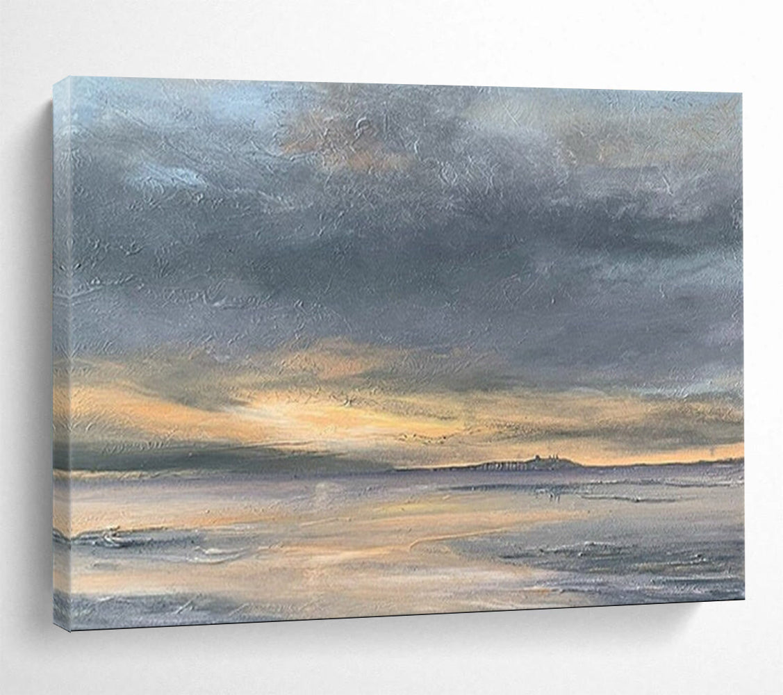 “Gray, Orange, Sunset Shore ‘Golden Dusk’” - Impressionist Seascape Painting On Canvas DLZ023