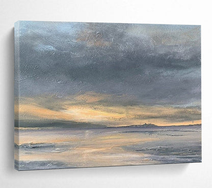 “Gray, Orange, Sunset Shore ‘Golden Dusk’” - Impressionist Seascape Painting On Canvas DLZ023