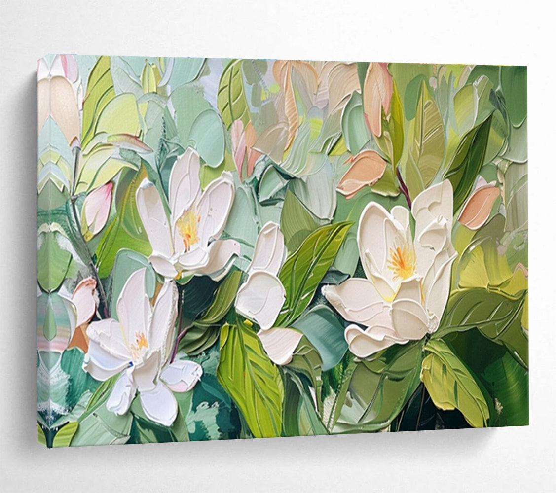 “Impasto White Magnolias” - Delicate Botanical Painting On Canvas DKH836