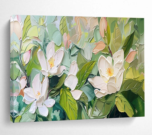“Impasto White Magnolias” - Delicate Botanical Painting On Canvas DKH836