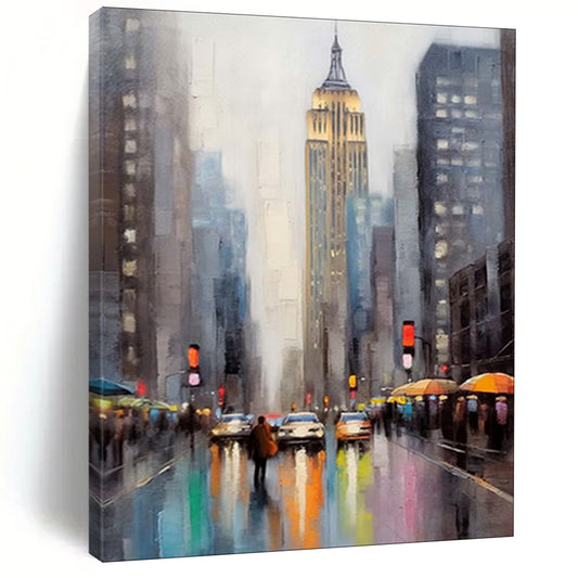 “Rainy Cityscape: Impasto Urban Art” - Impressionist Oil on Canvas CT1912