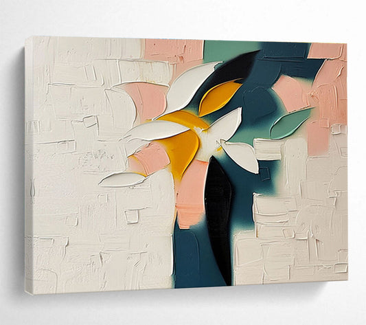 “Color - Blocked Flower in Pastels” - Pink, Teal, Yellow, White Impasto Floral Painting On Canvas DKH747