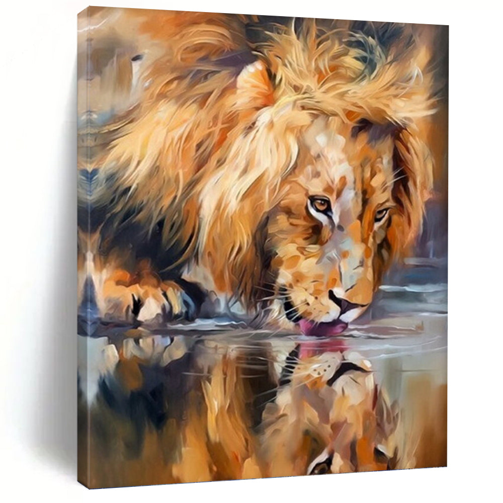 “Lion Drinking at Waterhole” - Realistic Wildlife Oil Painting On Canvas DKH1647