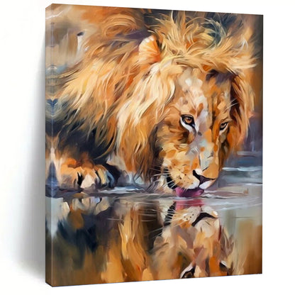 “Lion Drinking at Waterhole” - Realistic Wildlife Oil Painting On Canvas DKH1647