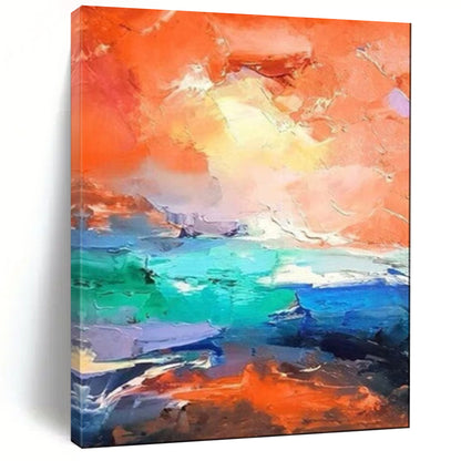 “Vibrant Orange & Turquoise Abstract Seascape” – Abstract Oil Painting On Canvas CT2114