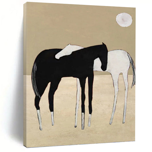 Minimalist Black and White Horses - Abstract Equine Painting On Canvas DKH1410