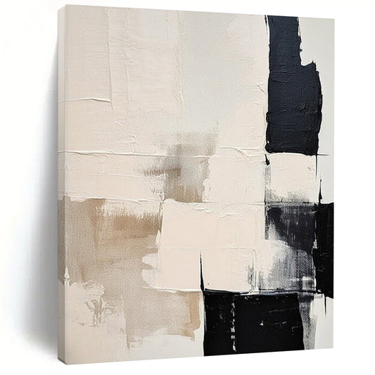 “Beige - Black & White Textured Blocks” – Abstract Block Art CT0978