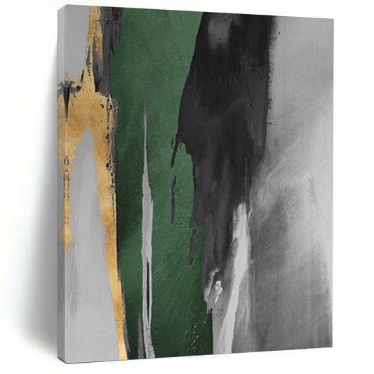 “Gold, Green & Gray Abstract Drips” - Gold, Green, Gray & Black Abstract Painting On Canvas DKH1198