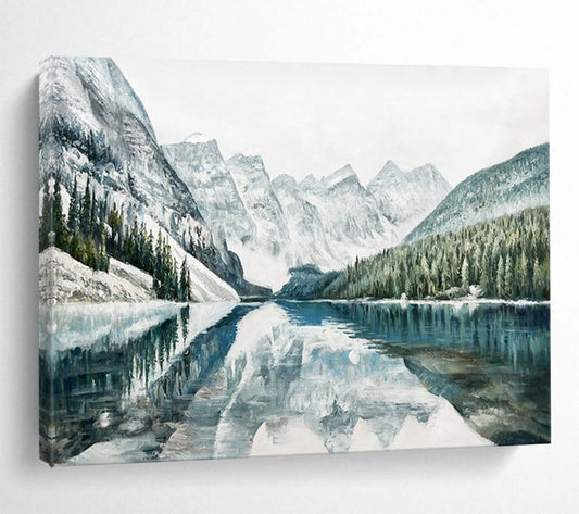 Blue and White Mountain Lake Reflection - Realist Landscape Painting On Canvas DLZ221