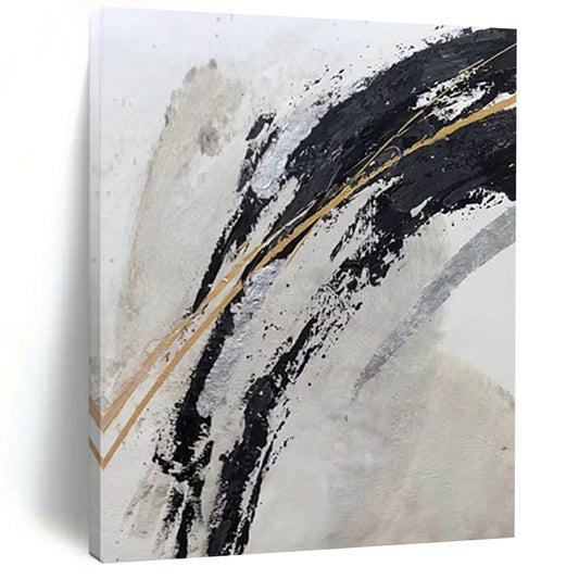 “Black, Gold, and Silver Swirls” - Black, Gold, Silver, White Abstract Painting On Canvas DTP249