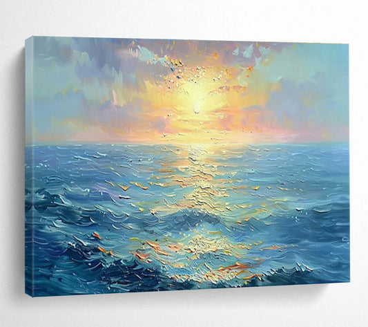 “Sunset Sea Sparkle” - Blue, Orange, Yellow Impressionistic Seascape Painting On Canvas DKH760