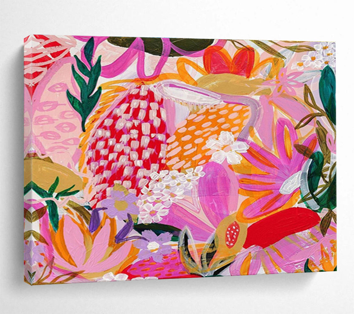“Tropical Floral Fiesta” - Pink, Purple, Orange Exotic Floral Folk - Art Inspired Painting On Canvas DKH708