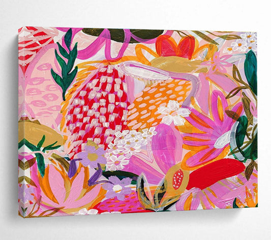 “Tropical Floral Fiesta” - Pink, Purple, Orange Exotic Floral Folk - Art Inspired Painting On Canvas DKH708