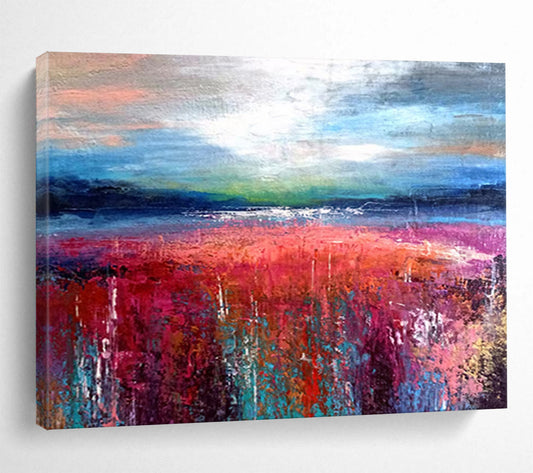 “Colorful Field Abstract - Pinks, Reds, and Blues Under a Dynamic Sky” Painting On Canvas DKH010