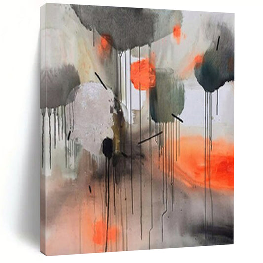 “Gray, Orange, Ink Dripping Abstraction” – Abstract Expressionist Painting CT1005