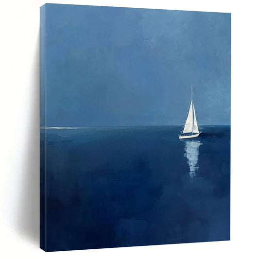 “Sailboat at Sea” - Blue & White Seascape Painting On Canvas CT2230